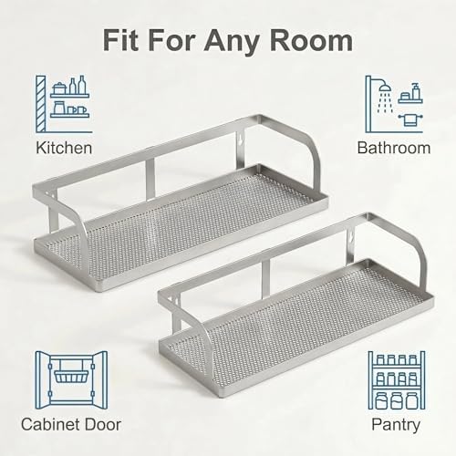 PUSDON 2-Pack Wide Hollowout Shower Caddy & Spice Rack, Wall Mount Bathroom Organizer with Mesh Bottom, Easy Access Cabinet Door Shelf Holds 50LBS - Silver Gray, Hollowout - Image 6
