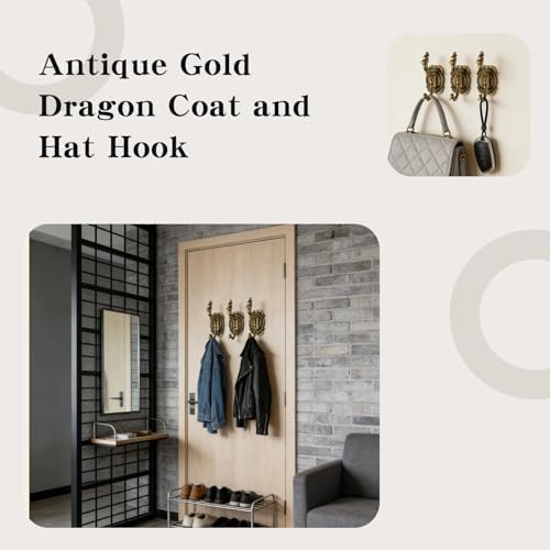 Antique Gold Coat Hooks,Dragon Design Heavy-Duty Wall Mounted Purse Hook, Unique Vintage Wall Hooks for Coats, Hats, Keys, Towels Bags, Decorative Bathroom Entryway Organizer,Set of Three - Image 4