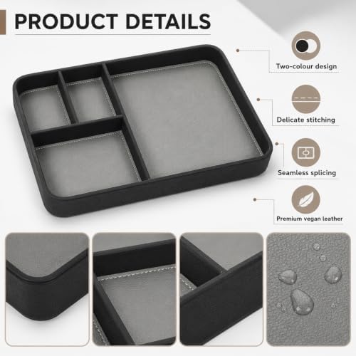 PU Leather Catch All Tray 11.8 x 7.9 x 1.25 Inch Black Valet Tray - Image 3