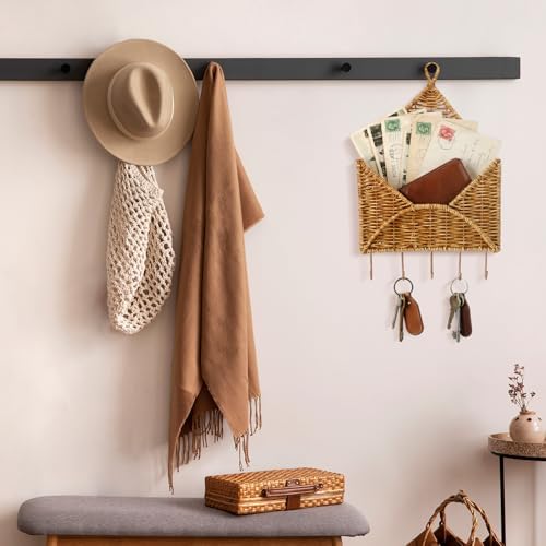 Gerrii Wicker Key Holder for Wall Rattan Mail Shape Holder with 5 Hooks - Image 3