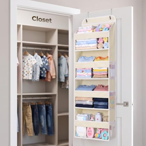 LAMU Over the Door Organizer, Large Capacity Behind the Door Storage with Clear PVC Windows, Heavy Duty Stuffed Animal Storage for Dorm Nursery Bedroom Closet Bathroom Pantry Shoes, 4 Tier Cream White - Image 2