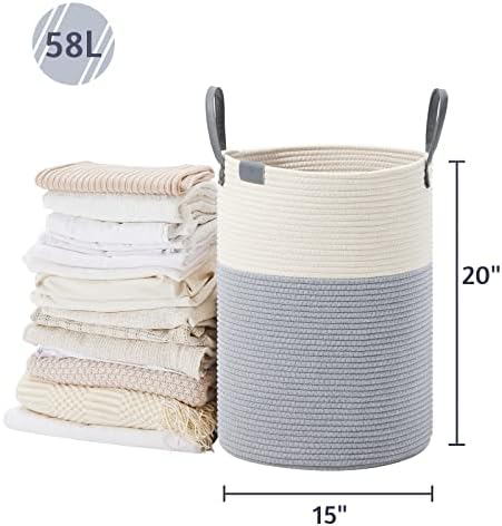 VIPOSCO 58L Tall Woven Rope Laundry Hamper, Leather Handles, Grey & White - Image 5
