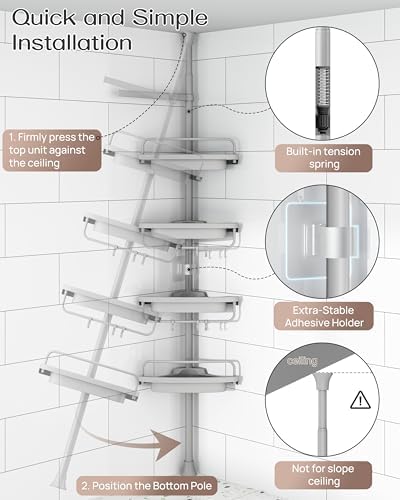 ALLZONE Corner Shower Caddy Tension Pole, Extendable Rustproof Stainless Steel Pole & 4-Tier Adjustable Shelves for Easy Drainage and Built-to-Last Stability, 34 to 116 Inches, Grey - Image 4