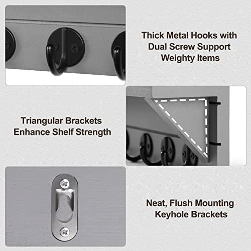 Lwenki Wall Key Holder with Shelf, Rustic Shelf with Hooks Made of Paulownia Wood Holds Keys, Dog Leash, Bags and More - 13.7" W x 4.7" H x 3.5" D Decorative Key Hanger and Entryway Shelf (Gray) - Image 3