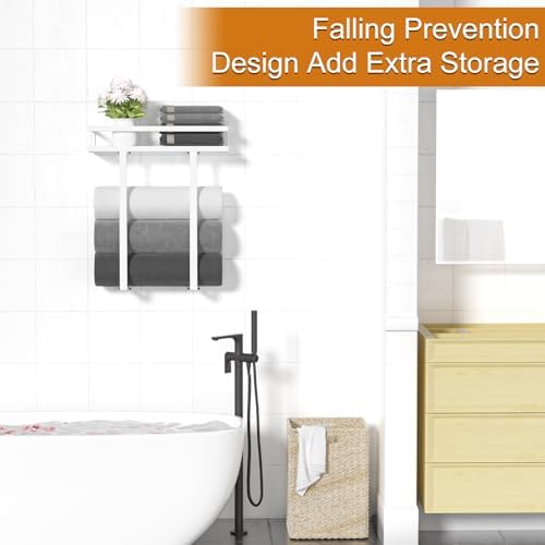 Towel Racks for Bathroom Wall Mounted, Xstydes Metal Towel Holder with Wooden Shelf for Folding Large Towels, Towel Storage for Small Bathroom Organizer Decor or RV Camping,White - Image 5