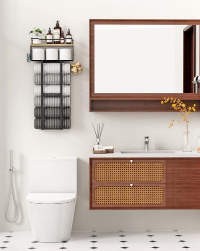 Aetyord Towel Racks for Bathroom - Wall Mounted Metal Rack with Wood Plank, Bathroom Storage Organizer, Towel Holder Stores 6 Large Rolled Towels Easily, Black with Wood Plank - Image 2