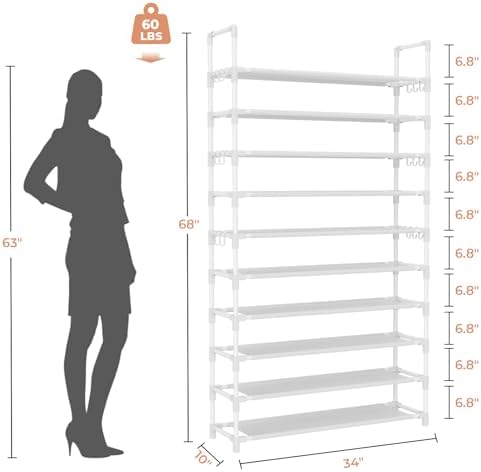 LANTEFUL Tall Shoe Rack 10 Tier Shoe Organizer Large Shoe Shelf with 18 Hooks Storage for 50 Pair Sneaker and Boot, Stackable Vertical Shoe Rack Organizer for Closet, Entryway, Bedroom, White - Image 3