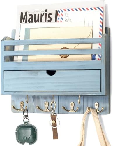 Rebee Vision Mail Organizer Wall Mount for Home Decor, Distressed Blue by REBEEVISION