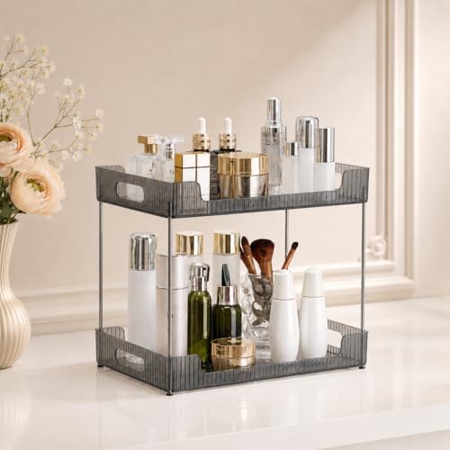 Goderewild 2 Tier Bathroom Counter Organizer, Multi-Purpose Cosmetics Skincare Shelf, Makeup Organizer for Vanity Tray, Countertop Storage Solution for Kitchen and Bath. (Smoky Gray) by Goderewild