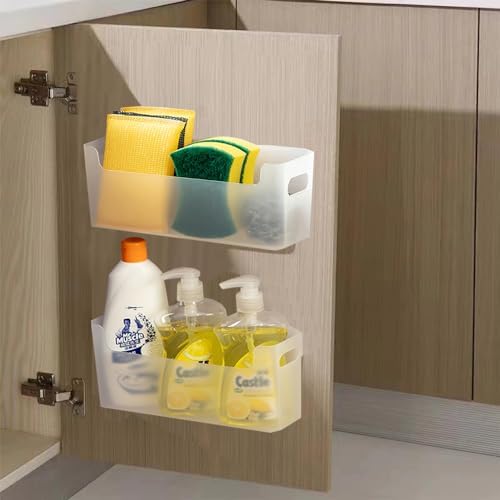 2 Pack Cabinet Organizer Storage, Adhesive Over Cabinet Door Organizer, No Drilling Space Saver Plastic Storage Containers Multi-Use for Kitchen Bathroom Office Bedroom, Translucent by LANSKYWARE