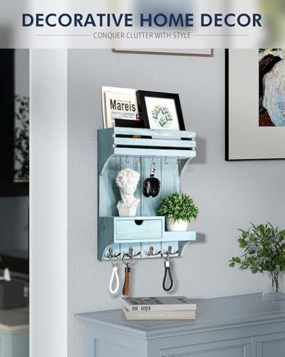 Rebee Vision Key Holder Wall Mount with Drawer & Shelf for Entryway, Blue - Image 3