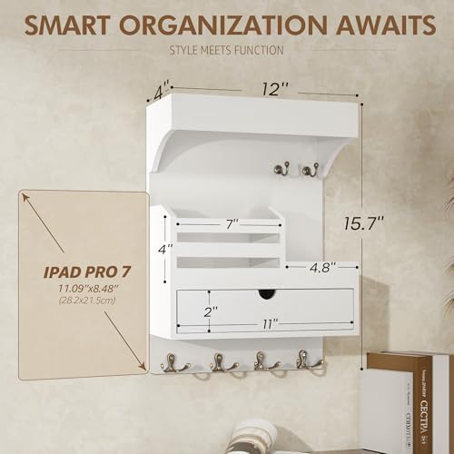 Rebee Vision Key Holder Wall Mount with Drawer & Shelf for Entryway, White - Image 2