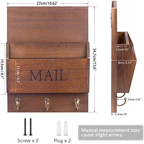 DLQuarts Solid Wood Mail Organizer with Key Holder for Wall, Mail Sorter Wall Mounted, Decorative Wooden Key and Mail Holder with 3 Hooks, Dark Brown - Image 5