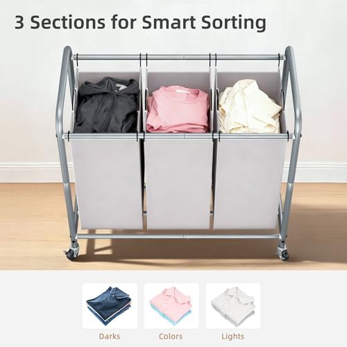 STORAGE MANIAC 3 Section Laundry Sorter, 35.6 Gal (135 L) Laundry Hamper Cart with Heavy Duty Rolling Lockable Wheels and Removable Bags, Clothes Organizer Basket Separator Hamper, Gray - Image 3