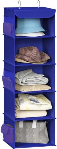 Simple Houseware 5 Shelf Hanging Closet Organizer, Dark Blue | 360° Rotating Dual Hooks, Top Support Metal Frame, 6 Side Mesh Pockets by SimpleHouseware
