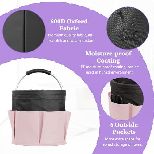 17L Cleaning Supply Caddy for Family, Portable Shower Caddy with Handle and 6 Pockets, Foldable Tool Bucket Organizer, Large Storage Basket for Camping, Gardening, Black with Pink - Image 5