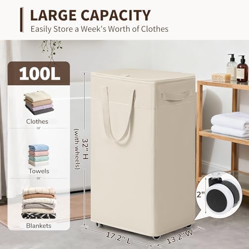 Goodpick 100L Large Rolling Laundry Basket with Wheels and Lid, White - Image 3