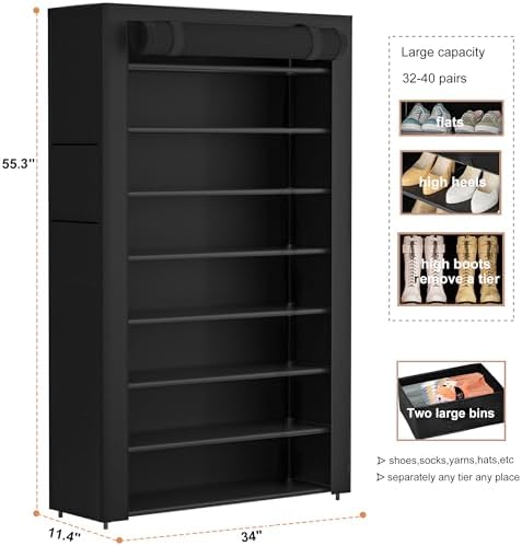 OYREL Shoe Rack Dustproof Sturdy 8Tier Tall Large Storage with Side Pocket - Image 3