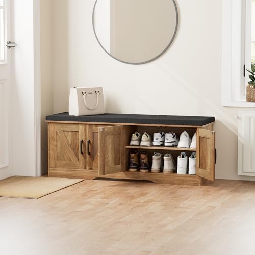 HOMSHO Farmhouse Shoe Storage Bench with 4 Barn Doors & Padded Seat Cushion - Image 2