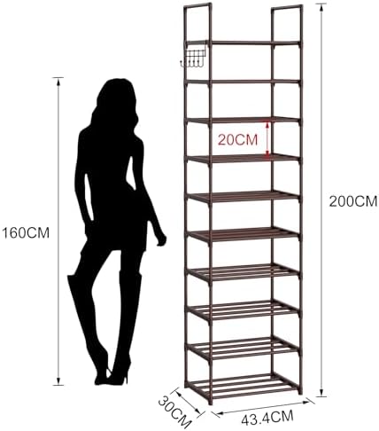 Tall 10 Tier Shoe Rack - 20-24 Pair Storage, Sturdy Metal Shoe Organizer with Hooks for Closet, Entryway, Brown - Image 3