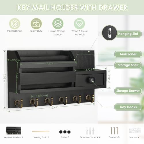 VIS'V Key Holder Wall Mount, Wooden Mail and Key Organizer, Black - Image 2