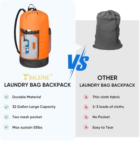 BALEINE 120L Laundry Bag Backpack, 900D Oxford Fabric Large Travel Laundry Bags with Shoulder Straps and 2 Mesh Pockets for College Dorm, Apartment, Laundromat (Orange, 120L) - Image 6