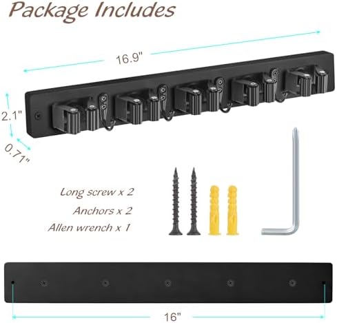 OUTNILI Mop and Broom Holder Wall Mount - Black Broom Mop Hanger - Wall Mounted Garden Tool Rack Organizer for Closet Garage Laundry Room Kitchen Decor With 5 Slots & 4 Hooks - Image 6