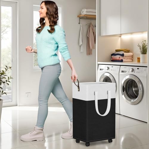 HomeHacks 75L Rolling Laundry Basket with 4 Wheels Collapsible Black - Image 5