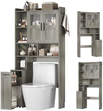 ELYKEN Over The Toilet Storage Cabinet with Pulley & Glass Doors, Grey by ELYKEN