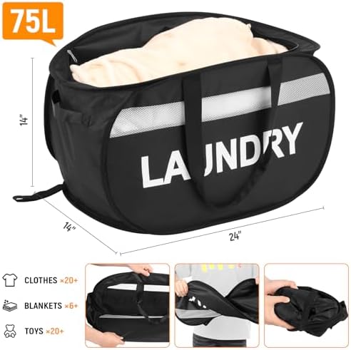 Collapsible Laundry Baskets with Lid, Foldable Clothes Hamper with Reinforced Handles, Sturdy Pop Up Hampers for Laundry, Tear Proof & Easy to Carry Laundry Hamper for Home, Dorm, Travel Black - Image 5