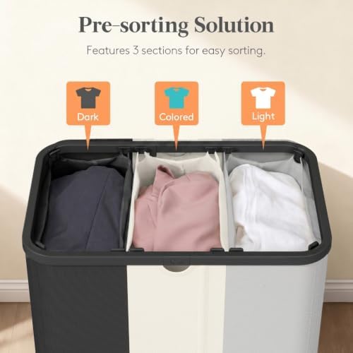 Lifewit 185L 3 Section Laundry Hamper with Lid, Black/Gray/White - Image 3