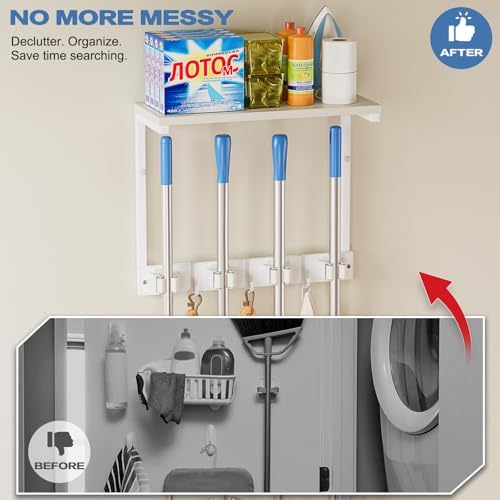 Olakee Broom Holder Wall Mount with Cleaning Supplies Organizer, Laundry Room Organization and Storage Shelves, Mop Hanger Rack with Hooks, Utility Shelf Closet Organizer for Garage Home Improvement - Image 5