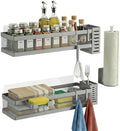 PUSDON 5-in-1 16.5" Extra Long Slim Wall Mount Wrapped Mesh Kitchen Organizer & Shower Caddy Kit, with Paper Towel Holder, Utensil Holder, Soap Dish, Holds 50LBS - Silver Gray, Netting by PUSDON