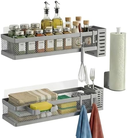 PUSDON 5-in-1 16.5" Extra Long Slim Wall Mount Wrapped Mesh Kitchen Organizer & Shower Caddy Kit, with Paper Towel Holder, Utensil Holder, Soap Dish, Holds 50LBS - Silver Gray, Netting by PUSDON