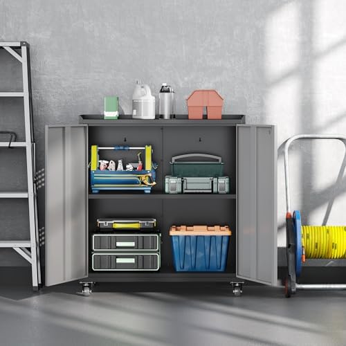 Metal Garage Storage Cabinet with Wheels, Adjustable Rolling Tool Storage Cabinet with Lock, 34" Steel Locking Tool Cabinet with Doors and Shelves for Garage, Warehouse (Black&Gray, 34.3" H) - Image 2