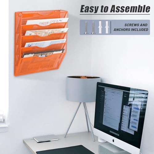 EASEPRES 5 Pocket Mesh Hanging Wall File Organizer, Wall Mounted Mail Paper Document Folder Holder, Clipboard Storage Organization Magazine Rack with Nametag Label for Office Home School, Orange - Image 5