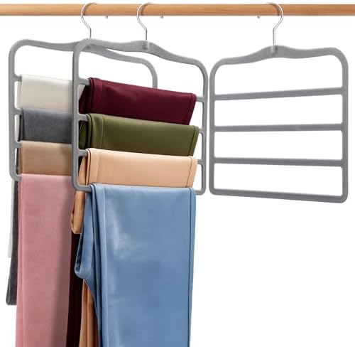 Velvet Pants Hangers Space Saving, 2-Pack Multi-Tier Closet Organizers,Grey | For Jeans Trousers Skirts Leggings Scarves, Non-Slip Vertical Storage for Small Closet, College Dorm & Apartment Essentials by FATHITA