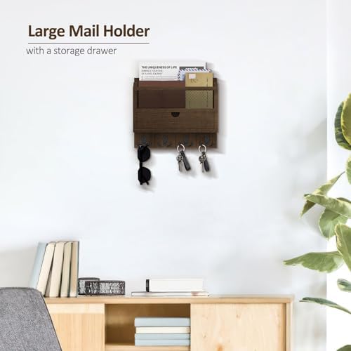 Nekon Mail Organizer with Drawer for Wall, Wooden Key Holder, Brown - Image 3