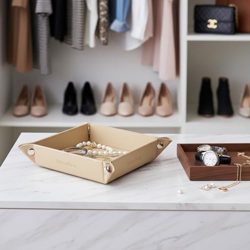 UnionBasic Small Jewelry Tray for Rings Watches Earrings, Entryway Catchall Caddy for Coins Keys Change, Nightstand Bedside Valet Holder, Trays for Electronic Gadgets,Milktea - Image 3