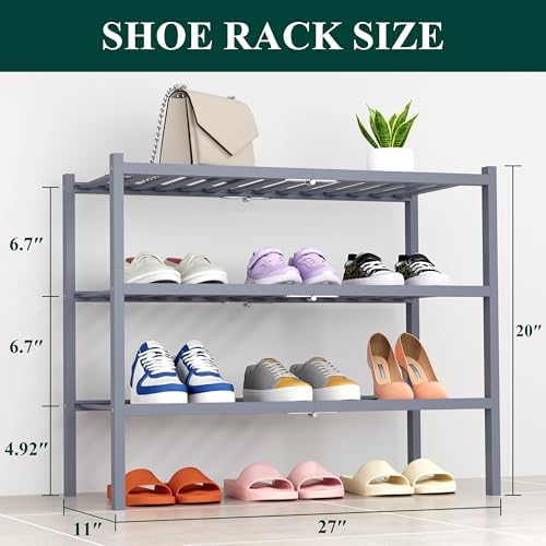 Smiry Bamboo Shoe Rack, 14 Vertical Slats, 3 Tier - 26.8" Wide, Grey - Image 2