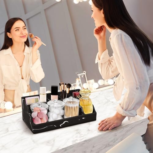 Marble Bathroom Countertop Organizer, Black Toothbrush Holders for Bathrooms Counter Organizer with 3PCS Qtip Dispenser, Toothbrush and Toothpaste Holder for Bathroom Organization Vanity Storage - Image 5