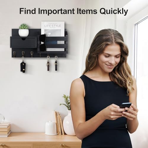 Lwenki Wall Mount Key Holder with Mail Organizer, 100% Paulownia Wood, 7 Metal Hooks, Storage Drawer, Entryway Home Decor (Black) - Image 2