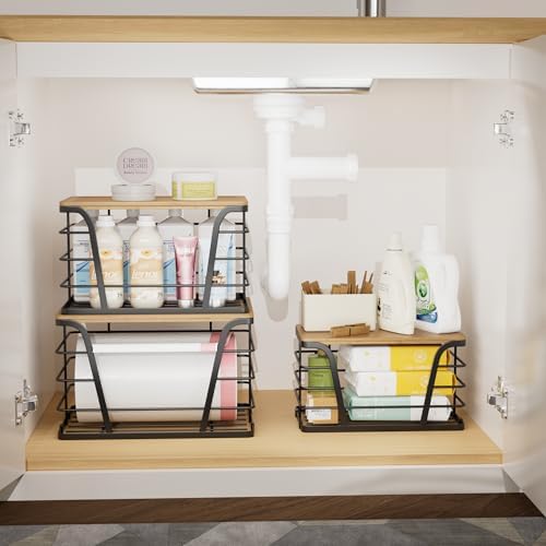 TIDIIABODE 3 Pack Stackable Pantry Organizer, Trash Bag Dispenser Under Sink, Kitchen Organization and Storage, Kitchen Counter Organizer, Black - Image 5