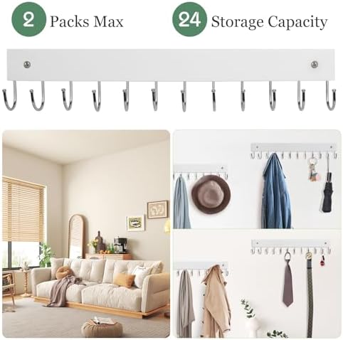 2-Pack Purse Organizer Wall-Mounted Rack & Belt Hanger, Wooden, 24 Hooks - Image 3