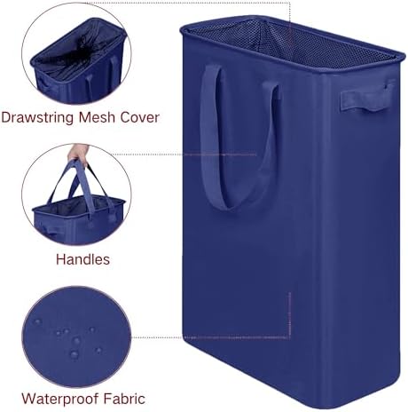 efluky Slim Laundry Basket, Narrow Laundry Hamper with Handles, Collapsible Dirty Clothes Hamper, Tall Laundry Bin for Laundry Room, Dorm and Bedroom, 12.7 Gallons(48L) Blue - Image 3