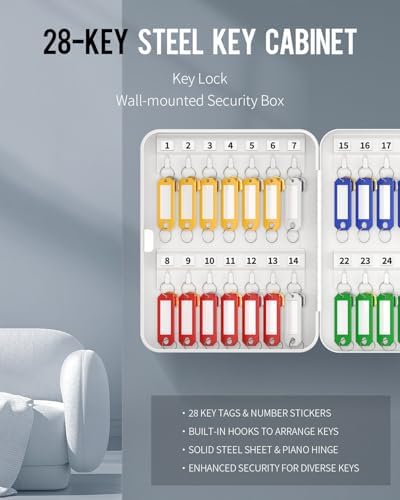 Uniclife 28 Position Key Cabinet with Key Lock Wall Mounted White Security Storage Box Steel Key Organizer with Colorful Key Tag Labels Stickers and Hooks - Image 4