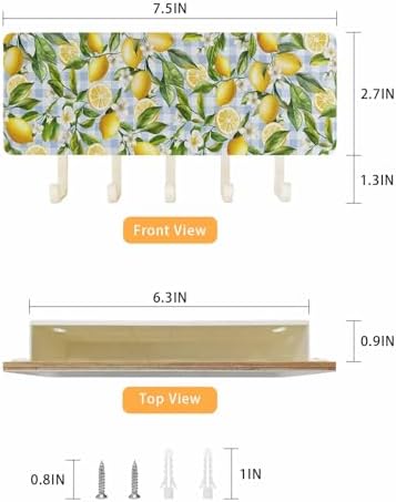 Lemon Key Holder Wall Mount,Country Yellow Fruit Blue Plaid Green Leaf White Hanging Mail Organizer with 5 Key Hooks Wall Decorative,Adhesive Key Rack with Shelf for Hallway Kitchen Entryway Decor - Image 3