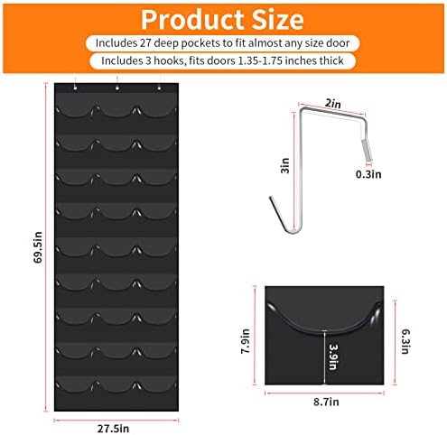 Hat Rack for Baseball Caps, 27 Pockets Over The Door Baseball Hat Organizer, Fitted Hat Storage for Closet Wall Mount Bag With Large Pockets & 3 Hooks, Hat Holder Hanger Organization to Display Caps - Image 4
