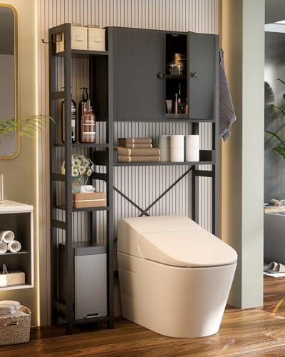 Over The Toilet Storage Cabinet with Doors - 7 Tier Bathroom Organizer with Adjustable Shelf, Freestanding Space Saver Rack Above Toilet Stand with 4 Hooks for Bathroom, Restroom, Laundry, Black - Image 2