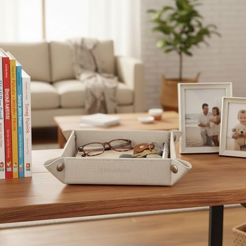 UnionBasic Small Valet Tray, Jewelry Tray for Rings Watches Earrings, Entryway Catchall Caddy for Coins Keys Change, Nightstand Bedside Valet Holder, Trays for Electronic Gadgets, Beige - Image 4